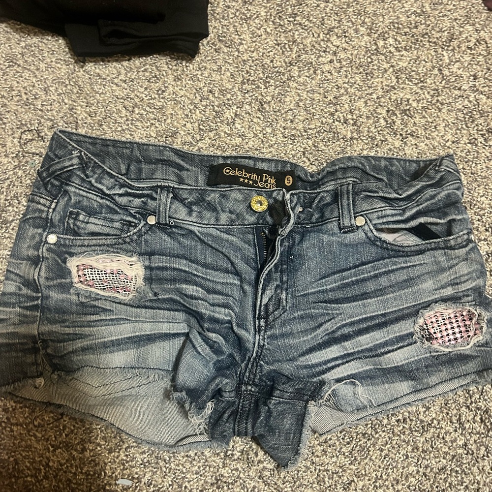 Celebrity Pink Blue Distressed Jean Shorts
